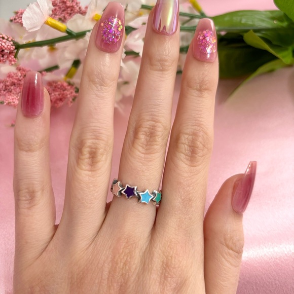 Multicolor Star Sterling Silver Band Ring - Picture 3 of 4